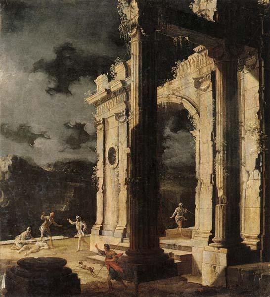 Leonardo Coccorante An architectural capriccio with figures amongst ruins,under a stormy night sky China oil painting art